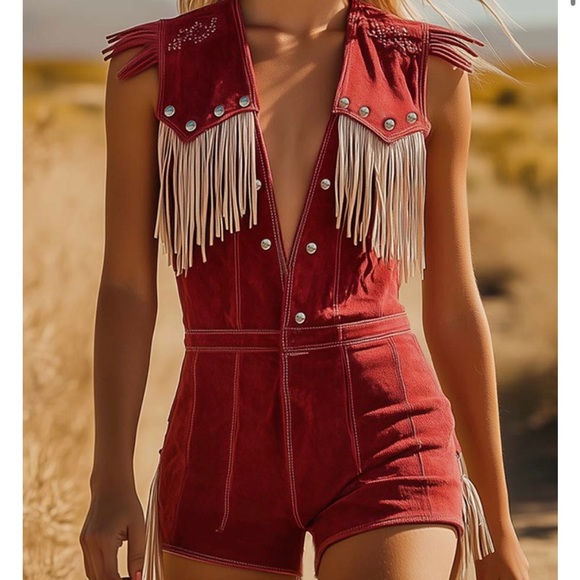 Chic Red Fringe Romper - Picture 1 of 3